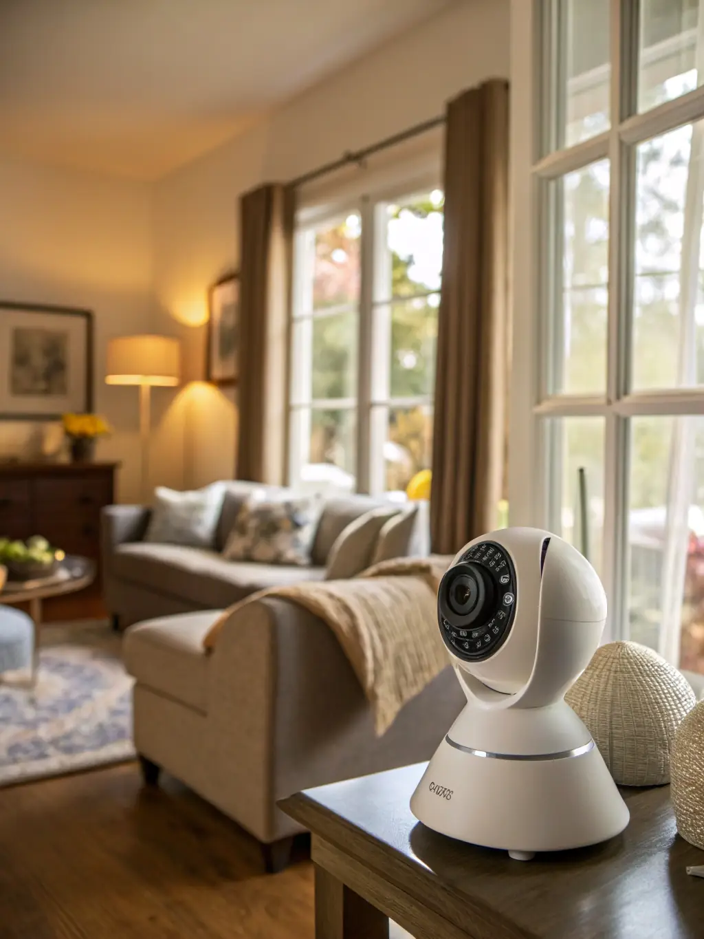 A clear image of a wireless security camera placed on a bookshelf inside a home, emphasizing its ease of installation and integration with smart home systems.