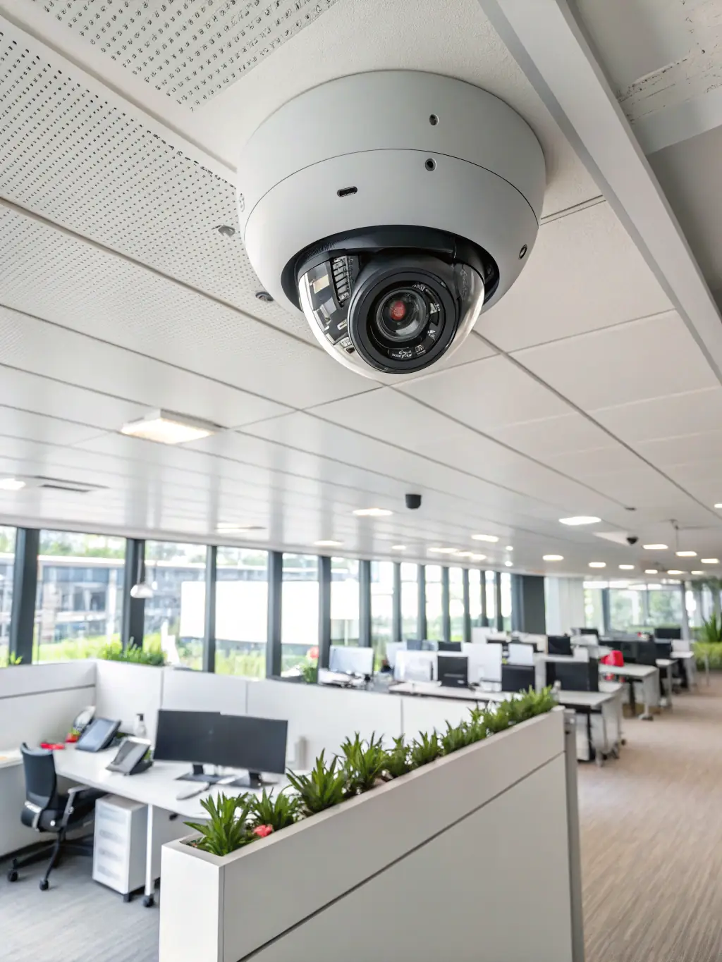 A high-resolution image of a dome security camera installed on a ceiling, capturing a wide angle view of an office space. The camera should appear modern and discreet.