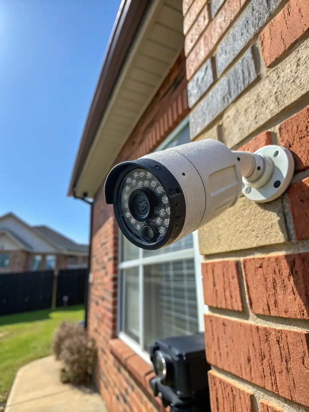 A close-up shot of a bullet security camera mounted on an exterior wall of a house, focusing on its weatherproof casing and infrared night vision capabilities.