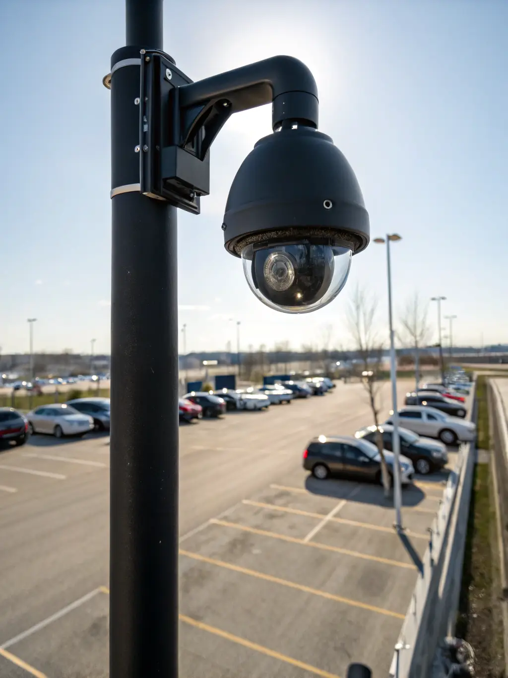 An image of a PTZ (Pan-Tilt-Zoom) camera installed on a pole, showcasing its ability to rotate and zoom in on distant objects in a large outdoor area.